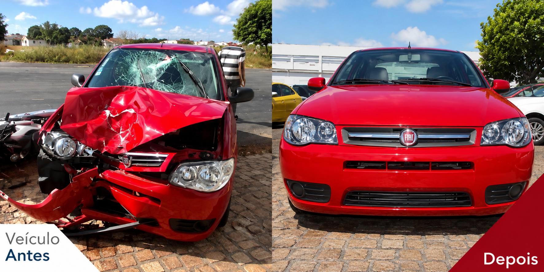 Veículo antes e depois — Fiat vermelho recuperado